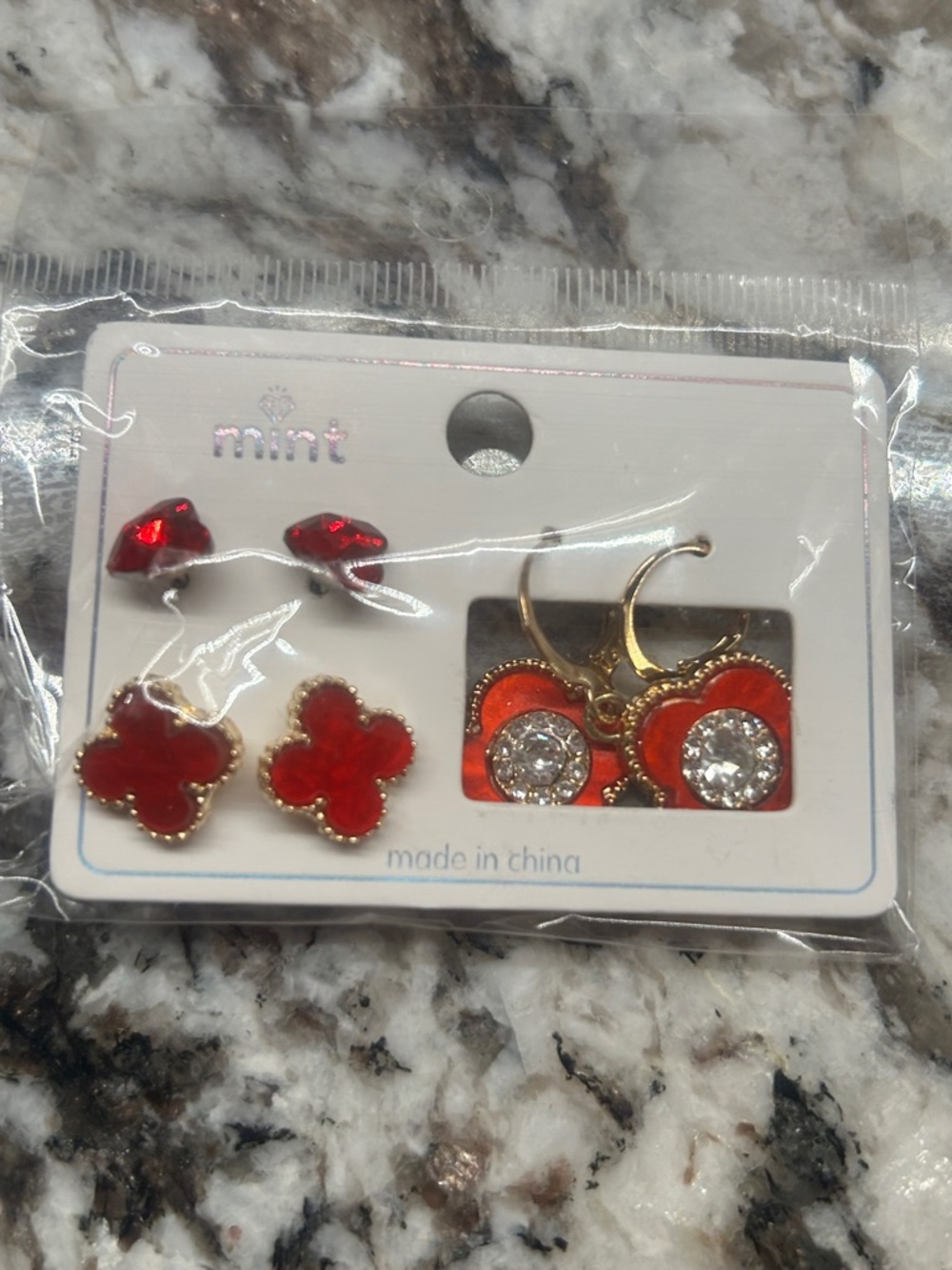 Mint Red and Gold Earring Set - 3 Pairs